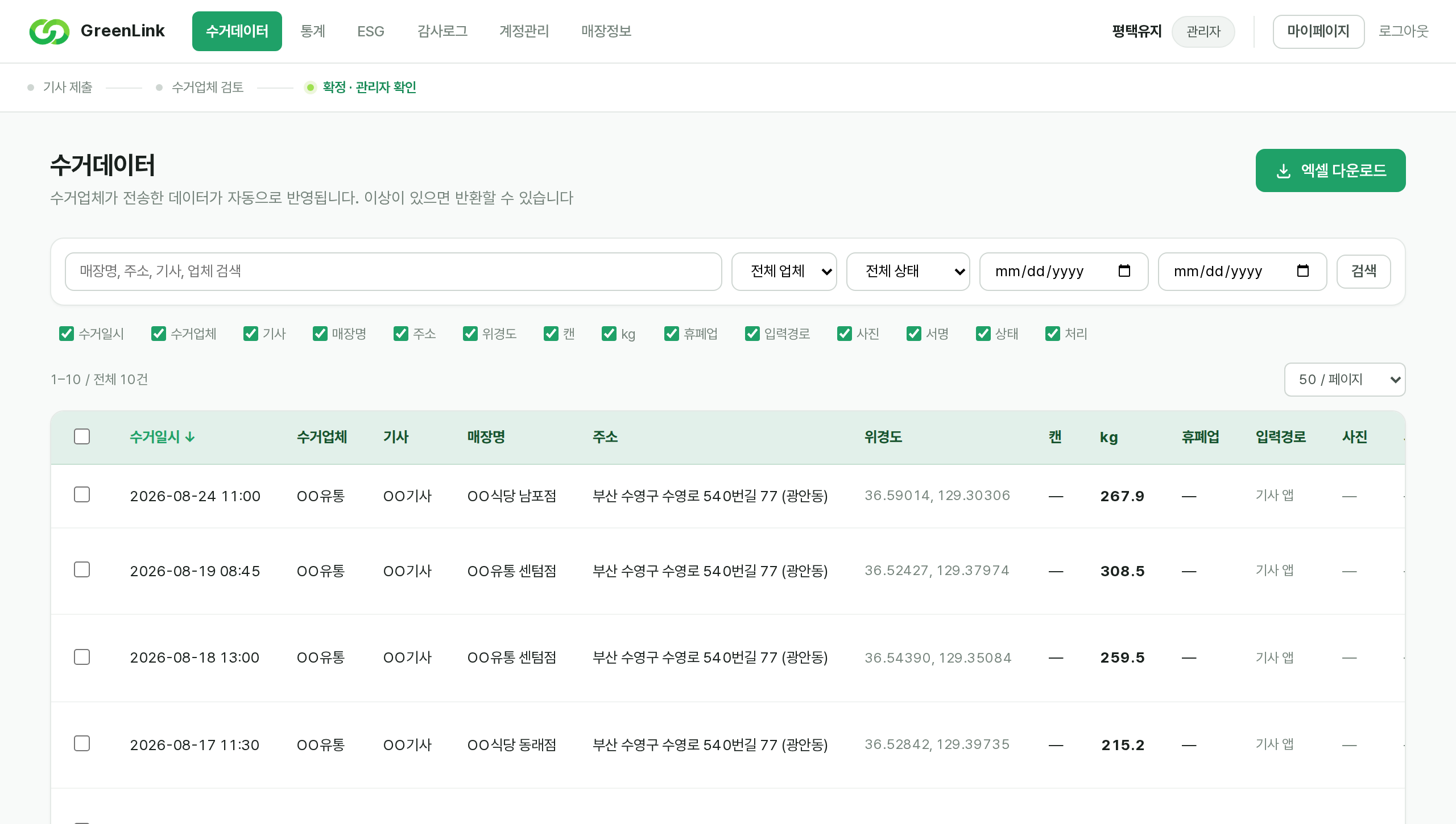 GreenLink 관리자 화면 미리보기